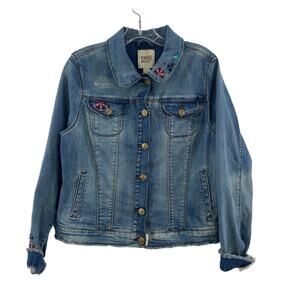 Vintage America Blues Blue Denim Womens Floral Biker Jacket M Cotton Preowned
